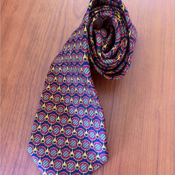 Bullock & Jones Handmade Spain Silk Medallion Tie Navy Red Gold 57” - Picture 3 of 13